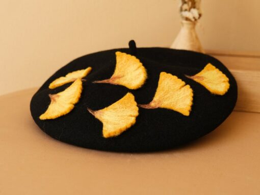 Autumn's Embrace Handcrafted Felted Beret with Fallen Ginkgo Leaves