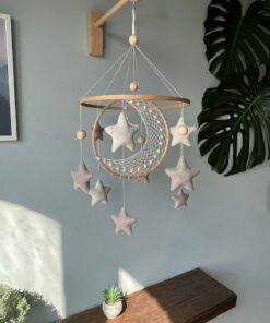 Celestial Dreams Moon and Star Macrame Crib Mobile for a Tranquil Nursery