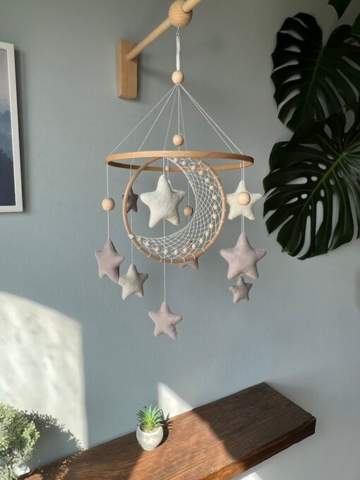 Celestial Dreams Moon and Star Macrame Crib Mobile for a Tranquil Nursery