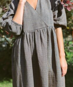 Gingham Linen V-Neck Puffy Sleeve Dress A Timeless Summer Staple from OFFON CLOTHING