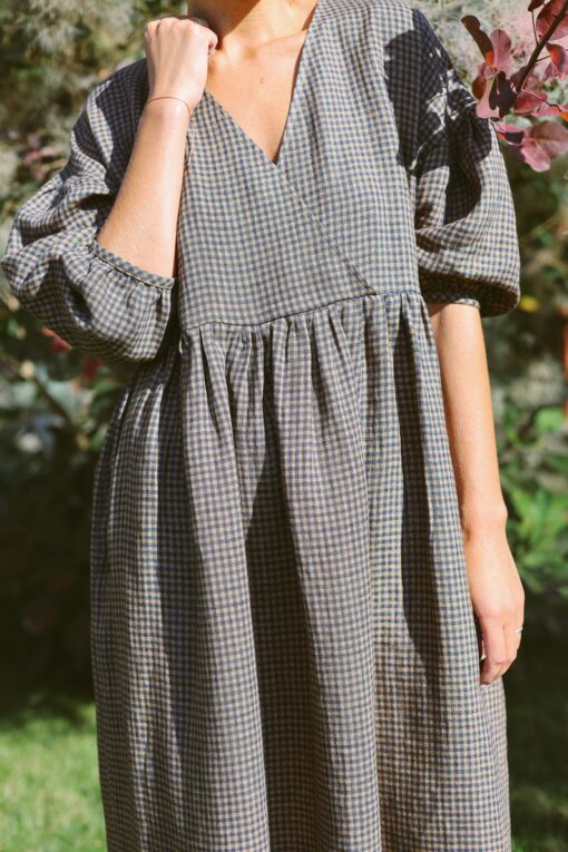 Gingham Linen V-Neck Puffy Sleeve Dress A Timeless Summer Staple from OFFON CLOTHING