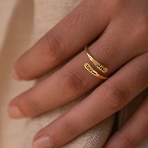 Personalized Engraved Open Style Rounded Edge Wrap Name Ring for Stacking by Caitlyn Minimalist