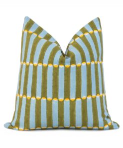 Schumacher Luna Khaki Turquoise Block Print Throw Pillow Cover with Gold Zipper for Couch, Molly Mahon Wood Block By Hand, Euro Sham Cases