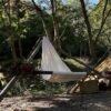 Sturdy 8oz Cotton Canvas Bushcraft Tripod Chair Multipurpose Ground Cloth, Hammock Chair, and Wood Carrier