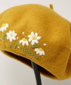 Mustard Yellow Daisy Embroidered Wool Beret A Touch of French Chic for Winter