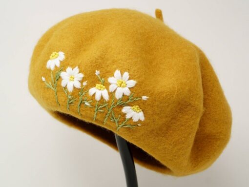 Mustard Yellow Daisy Embroidered Wool Beret A Touch of French Chic for Winter