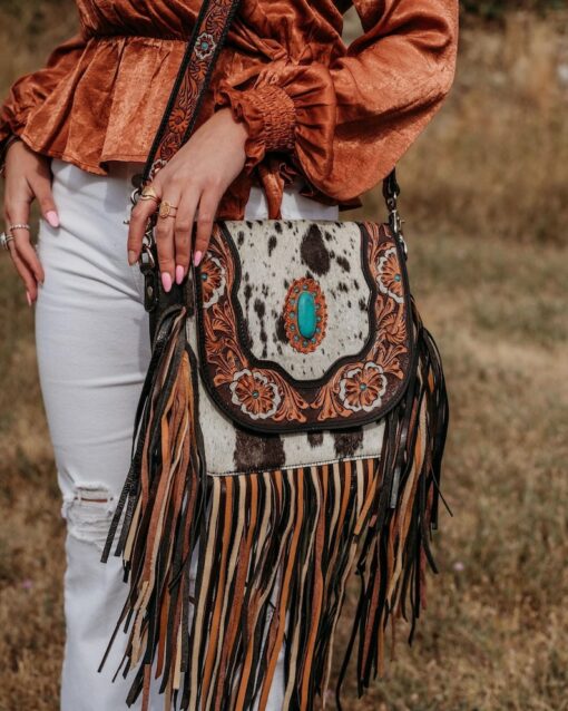Jessie Jane Fringe Haute Southern Hyde by Beth Marie Tooled Cowhide Purse in Turquoise A Statement of Western Chic