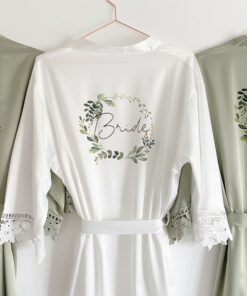 Personalized Bridal Robe Embroidered Floral Wreath, Satin Elegance for Your Special Day