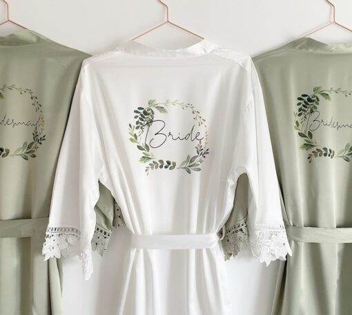 Personalized Bridal Robe Embroidered Floral Wreath, Satin Elegance for Your Special Day