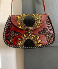 Exquisite Handcrafted Mexican Floral Leather Handbag A Symphony of Sunflowers and Butterflies