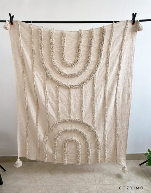 Cozy Comfort Rainbow Natural Cotton Tufted Throw Blanket with Fringe