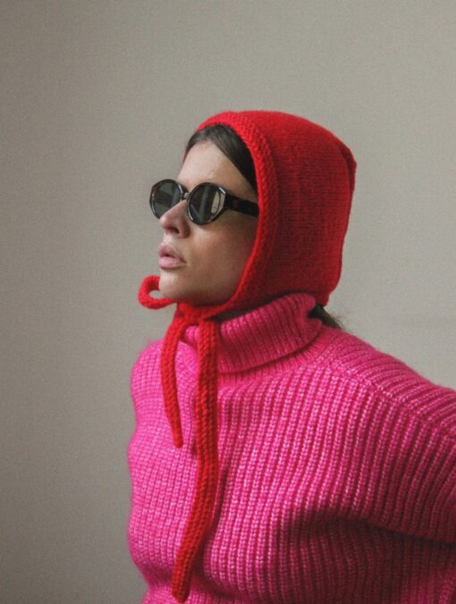 Hand-Knitted Crimson Bow Tie Bonnet A Timeless Accessory for the Discerning Gentleman