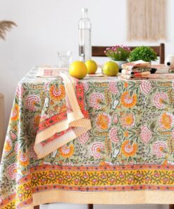 Burnt Orange and Olive Green Floral Indian Hand Block Printed Rectangle Tablecloth A Bohemian Tapestry for Your Dining Table