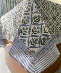 Handcrafted Elegance Light Steel Blue and Olive Green Block Printed Cotton Tablecloth for Memorable Gatherings