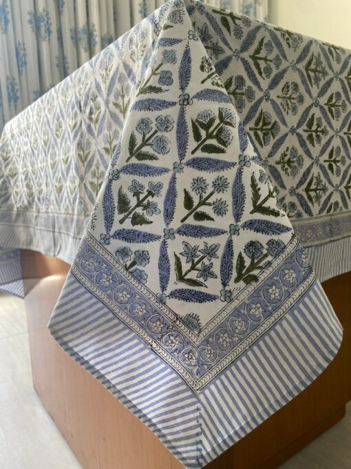 Handcrafted Elegance Light Steel Blue and Olive Green Block Printed Cotton Tablecloth for Memorable Gatherings