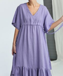 Flowy Linen Maxi Dress with Adjustable Waist Ties Effortless Summer Style by OFFON CLOTHING
