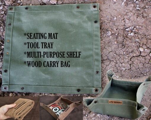 Bushcraft Utility Mat Waxed Canvas Wood Carrying Case and Seat Pad for Outdoor Adventures