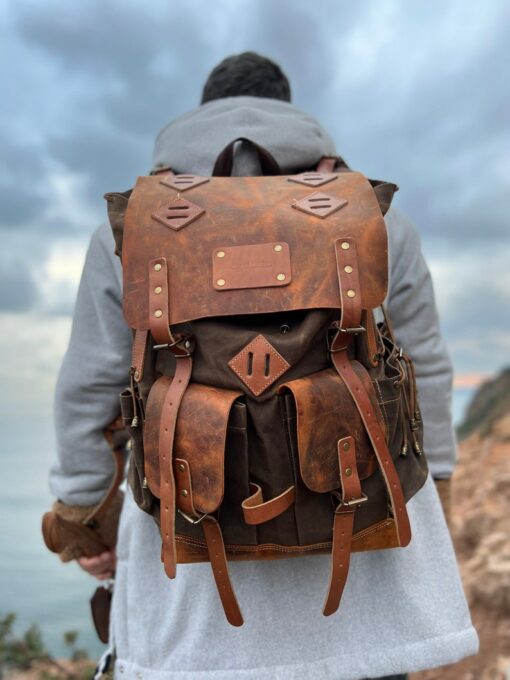 80L-30L Waxed Canvas Backpack Handmade Leather, Adventure-Ready for Camping, Hunting, Bushcraft, Travel