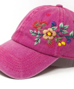 Hand Embroidered Floral Wash Cotton Baseball Cap Unique Summer Sun Hat with Curve Brim
