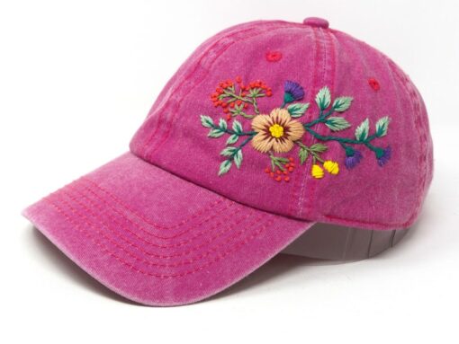 Hand Embroidered Floral Wash Cotton Baseball Cap Unique Summer Sun Hat with Curve Brim