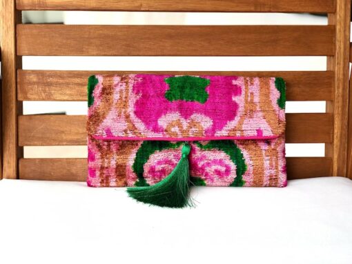 Exquisite Pink Ikat Velvet Clutch A Touch of Boho Elegance for Special Occasions