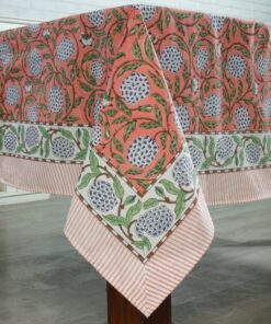 Handcrafted Indian Tablecloth Vibrant Hues of Salmon Pink, Sage Green, and Delft Blue
