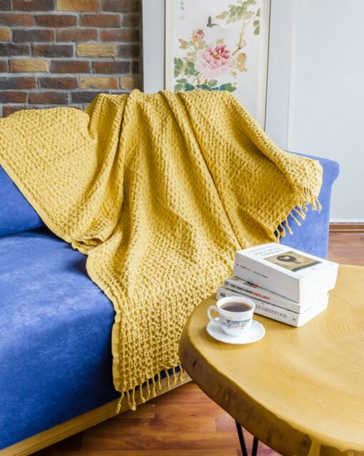 Luxurious Yellow Waffle Weave Turkish Cotton Throw Blanket Comfort and Style for Your Home