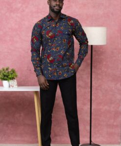 Vibrant Navy and Red Ankara Long Sleeve Ghana Shirt for Men by Zedi
