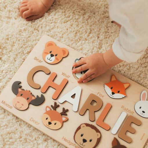 Woodland Animal Name Puzzle Educational Montessori Toy for Toddlers and Baby Shower Gift