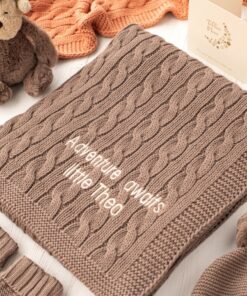 Toffee Moon Nut Brown Luxury Cotton Cable Baby Blanket Personalized with Embroidered Name and Date