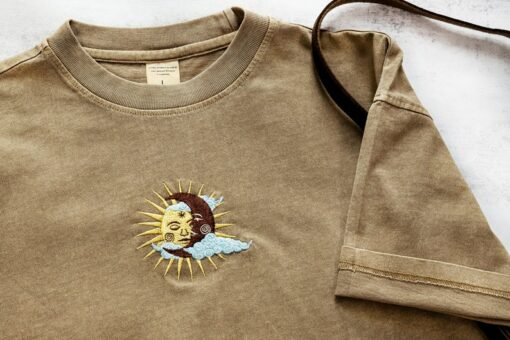 Celestial Tapestry Embroidered Sun and Moon T-shirt for Bohemian Souls