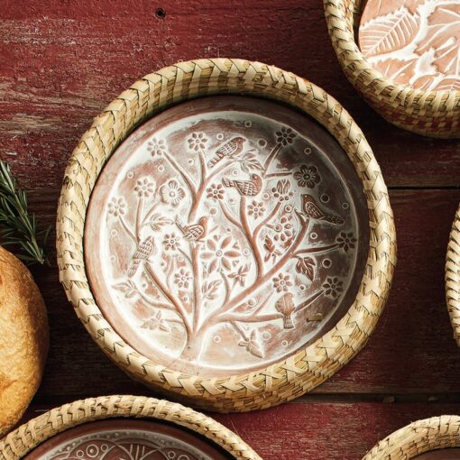 Birds of a Feather Bread Basket with Terracotta Warmer Nature's Embrace for Warm, Fresh Bread