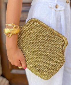 Shimmering Gold Raffia Clutch Elevate Your Summer Style with Luxury and Elegance