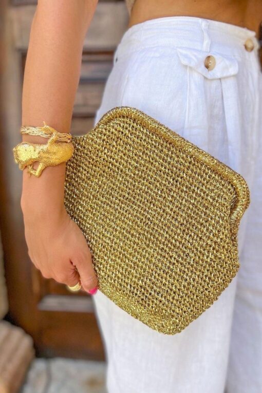 Shimmering Gold Raffia Clutch Elevate Your Summer Style with Luxury and Elegance