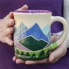Handcrafted Spring Ceramic Mug 14 oz Teacup with Serene Mountain and Forest Illustration, Eco-Friendly Violet Purple Pottery Gift