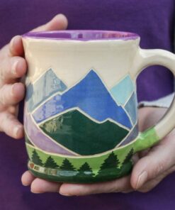 Handcrafted Spring Ceramic Mug 14 oz Teacup with Serene Mountain and Forest Illustration, Eco-Friendly Violet Purple Pottery Gift