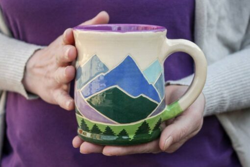 Handcrafted Spring Ceramic Mug 14 oz Teacup with Serene Mountain and Forest Illustration, Eco-Friendly Violet Purple Pottery Gift