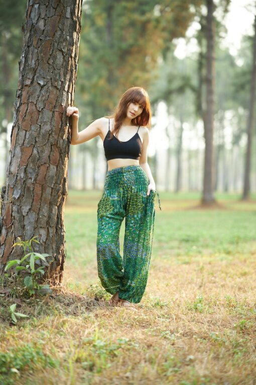 Enchanting Green Peacock Boho Pants Flowy, Comfy, and Ethically Made