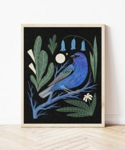 Whimsical Indigo Bunting and Moon Folk Art Nature Print Vibrant Boho Bird Wall Decor