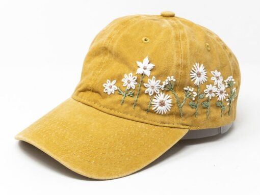 Hand-Embroidered Daisy Baseball Cap Mustard Yellow Floral Essence for Unforgettable Style