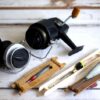 Vintage French Fishing Display Assortment of Rods, Reels, Floats, and Pezon Decor