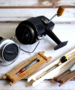 Vintage French Fishing Display Assortment of Rods, Reels, Floats, and Pezon Decor