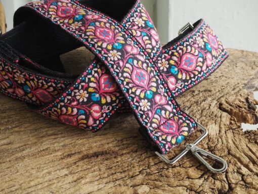 Groovy Floral Woven Crossbody Guitar Strap Purse - Pink and Black