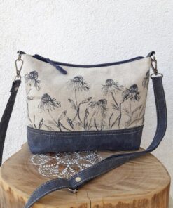 Floral Linen Crossbody Bag A Field of Blooms in Gray and White