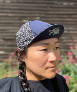 Tortoise and Hare Cycling Cap Handmade Japanese Cotton Messenger Cap with Navy Karakusa Pattern