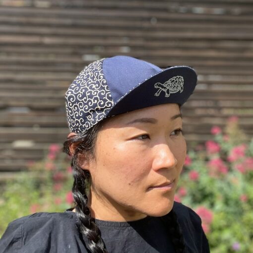 Tortoise and Hare Cycling Cap Handmade Japanese Cotton Messenger Cap with Navy Karakusa Pattern