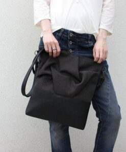 Edgy and Eco-Chic Charcoal Origami Crossbody Bag with Vegan Leather Accents