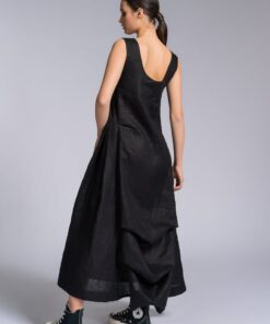 Elegant Linen A-Line Dress with Flowing Back Drape A92277