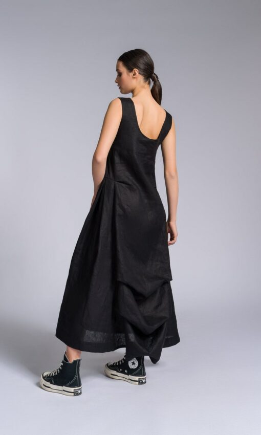Elegant Linen A-Line Dress with Flowing Back Drape A92277