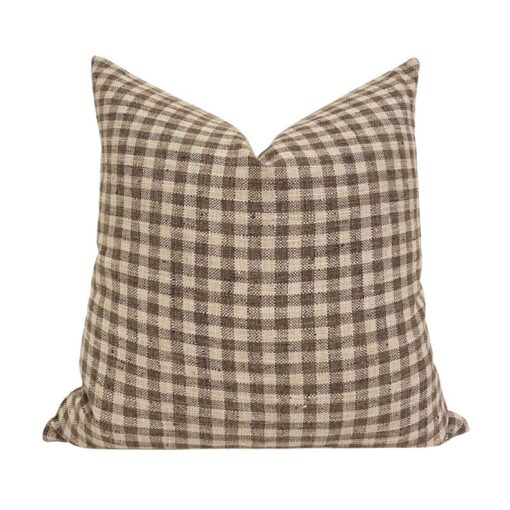 MABEL Farmhouse Charm in a Check - Designer Brown Gingham Linen Pillow Cover